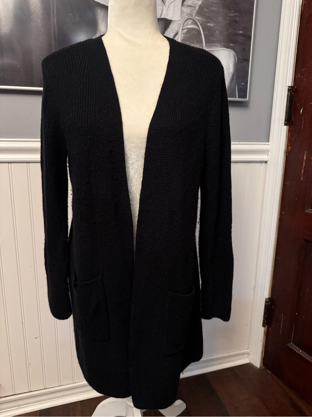 Halogen Black Open Front Longline Duster Cardigan Sweater Pockets Size Petite M